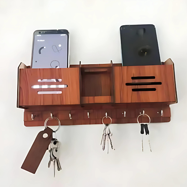 Wooden Key Holder & Charging Station – 8 Hooks, Brown